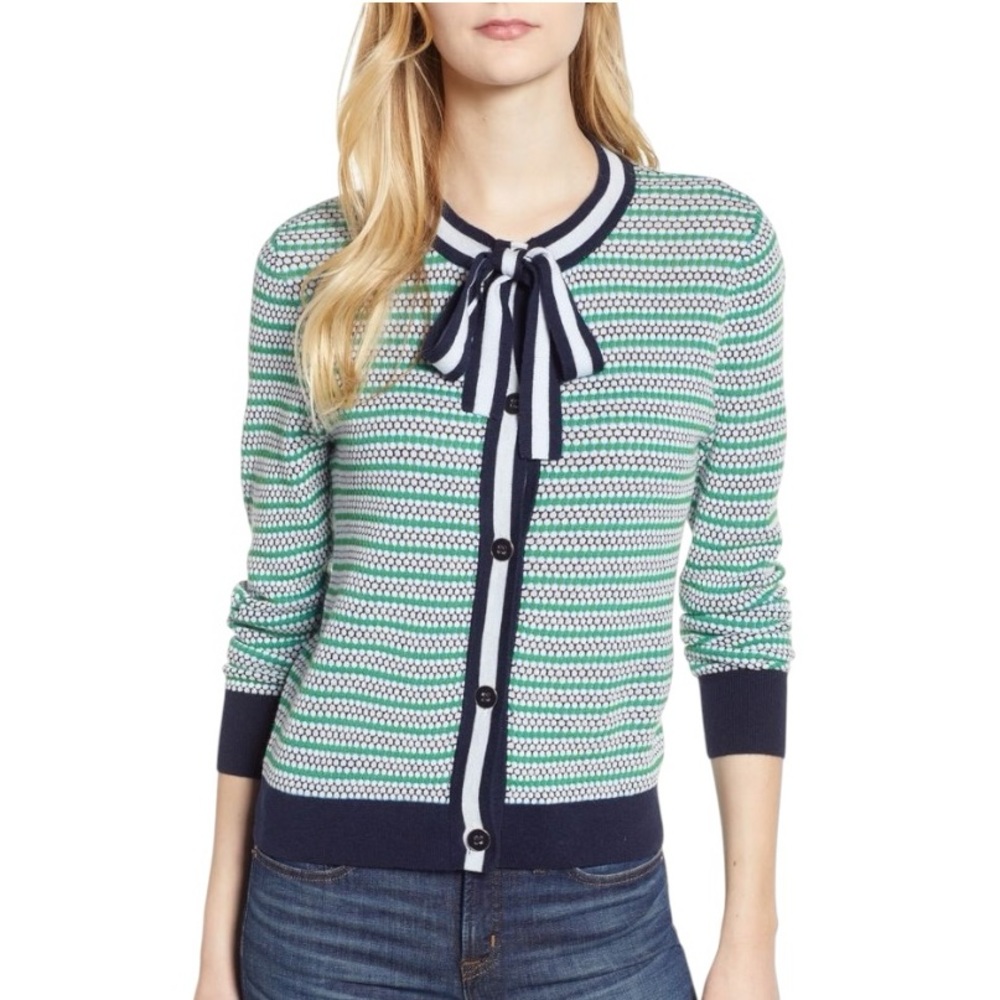 J. Crew Navy, Green and White Striped Bow Cardigan